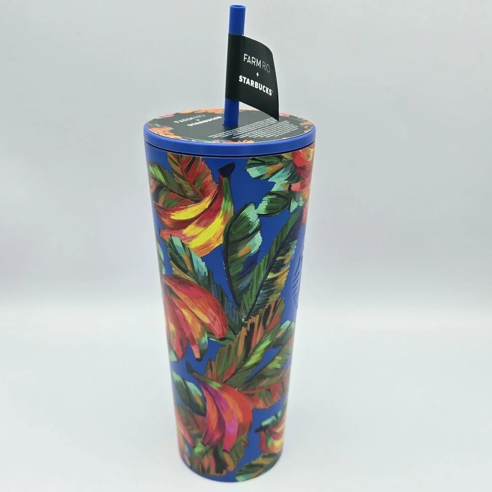 New‎ Farm Rio + Starbucks Blue Banana Vibrant Stainless Cold Cup Tumbler 24 oz